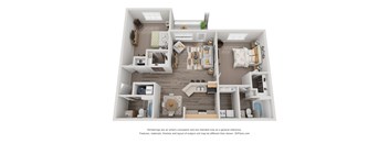 A 3D floor plan of a house with a kitchen, living room, and two bedrooms.
