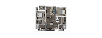 A top-down view of a small apartment layout with a kitchen, living room, and bedroom.