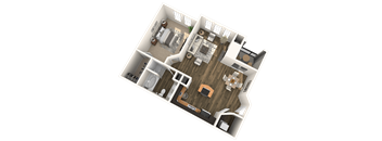 A 3D floor plan of a house with a kitchen, living room, and two bedrooms.