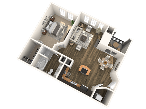 A 3D floor plan of a house with a kitchen, living room, and two bedrooms.
