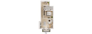 A floor plan of a pear shaped apartment.