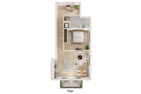 A floor plan of a pear shaped apartment.