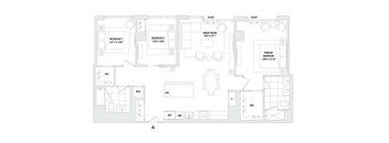 A floor plan of a house with two bedrooms, a living room, a dining room, a kitchen, a study, and a bathroom.