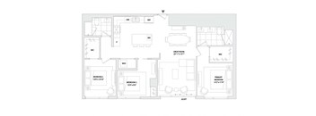 A floor plan of an apartment with a Great Room, two Bedrooms, a WC, a Pantry, a Wine Rack, a Dryer vent, and an Auger.