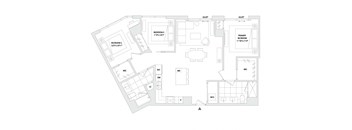 A floor plan of a house with two bedrooms, a living room, a dining room, a kitchen, a study, a bathroom, a laundry room, and a garage.