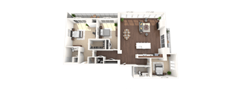 A 3D floor plan of a house with a kitchen, living room, and bathroom.