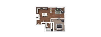 A top down view of a living room, kitchen, and bathroom.