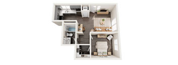 a stylized floor plan with a bedroom and a living room