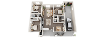a 3d rendering of a floor plan with a bedroom and a car