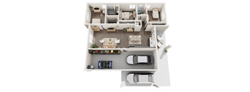 a 3d rendering of a floor plan with two cars