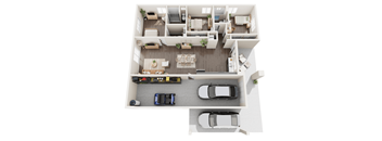 a 3d rendering of a floor plan with 2 cars