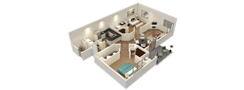 A 3D floor plan of a house with a kitchen, living room, and bedrooms.