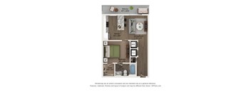 A 3D floor plan of a balcony, kitchen, living room, and bathroom.