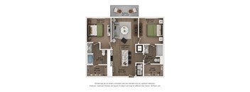 A floor plan of a two bedroom apartment with a living room, kitchen, and bathroom.