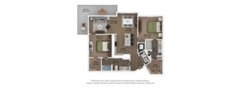 A 3D floor plan of a house with a balcony, two bedrooms, a living room, a dining room, a kitchen, a bathroom, and a closet.
