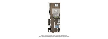 A 3D floor plan of a bathroom with a toilet, sink, and bathtub.
