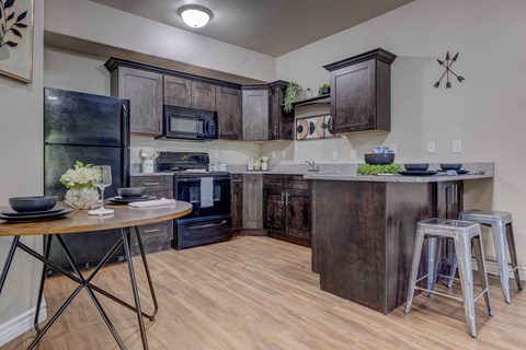 A kitchen with a black refrigerator, black cabinets, and a black island.