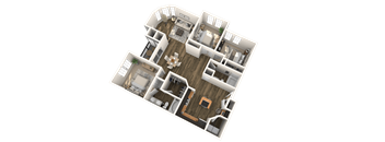 A 3D floor plan of a house with multiple rooms and furniture.