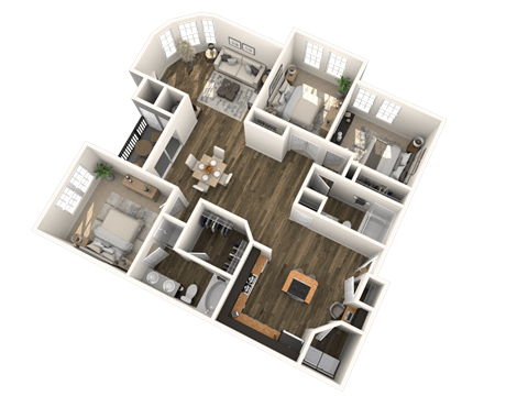 A 3D floor plan of a house with multiple rooms and furniture.