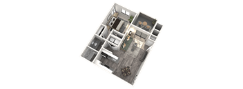 A 3D floor plan of a house with a kitchen, living room, and one bedroom.