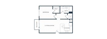 A floor plan of a house with a bedroom, bath, living/dining area, kitchen, and balcony.