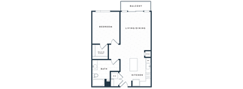 A floor plan of a balcony with a bedroom, bath, and kitchen.