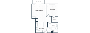 A floor plan of a house with a balcony, living/dining area, kitchen, bathroom, and bedroom.