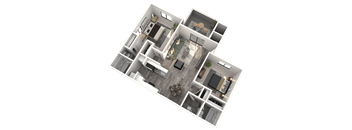 A 3D floor plan of a house with a living room, kitchen, dining room, and two bedrooms.