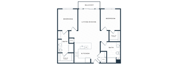 A floor plan of a house with two bedrooms, a living/dining area, a kitchen, and two bathrooms.