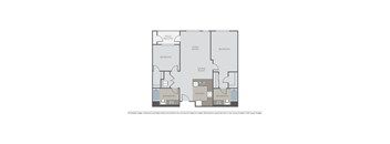A floor plan of an apartment with two bedrooms, a living room, a dining room, a kitchen, a bathroom, and a patio/balcony.