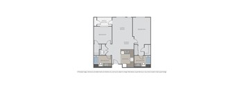 A floor plan of a house with two bedrooms, a living room, a dining room, a kitchen, two bathrooms, and a patio/balcony.