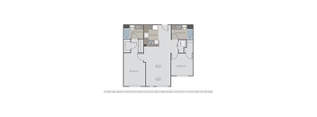 A floor plan of an apartment with two bedrooms, a living room, a dining room, a kitchen, and two bathrooms.