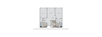 A floor plan of an apartment with two bedrooms, a living room, a dining room, a kitchen, and two bathrooms.