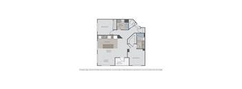 A floor plan of an apartment with a living room, dining room, kitchen, and three bedrooms.