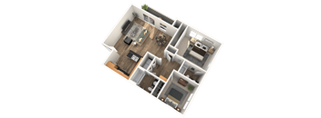 A top-down view of a house layout with a living room, kitchen, dining area, and two bedrooms.