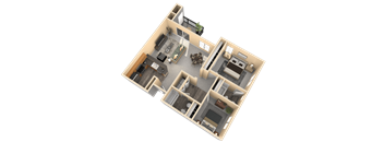 A 3D rendered image of a house layout.