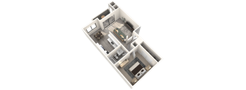 A 3D rendered image of a house layout.