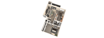 A 3D rendered image of a house layout.