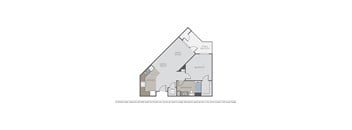 A diagram of a house layout with a living room, dining room, kitchen, bathroom, bedroom, and patio/balcony.