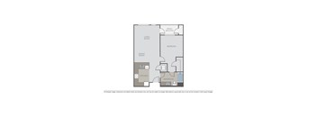 A floor plan of an apartment with a living room, dining room, kitchen, bathroom, bedroom and patio/balcony.