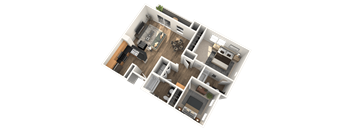 A 3D floor plan of a house with multiple rooms and furniture.