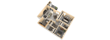 A 3D floor plan of a house with a kitchen, living room, and two bedrooms.