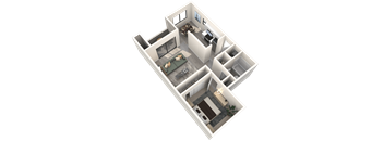 A 3D image of a house layout with a kitchen, living room, and one bedroom.