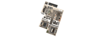 A 3D floor plan of a house with multiple rooms.