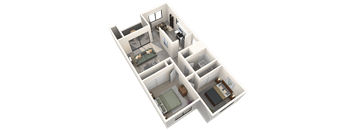 A 3D floor plan of a house with a kitchen, living room, and two bedrooms.