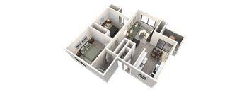 A 3D image of a house layout with a kitchen, living room, and two bedrooms.