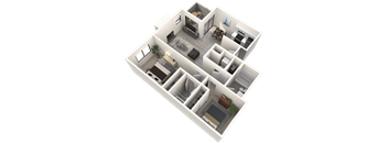 A 3D floor plan of a house with multiple rooms and furniture.