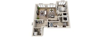 A 3D floor plan of a house with a living room, kitchen, and bathroom.