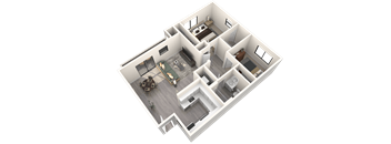A 3D image of a house layout with multiple rooms.