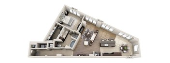 A floor plan of a two-bedroom apartment with a living room, kitchen, and bathroom.